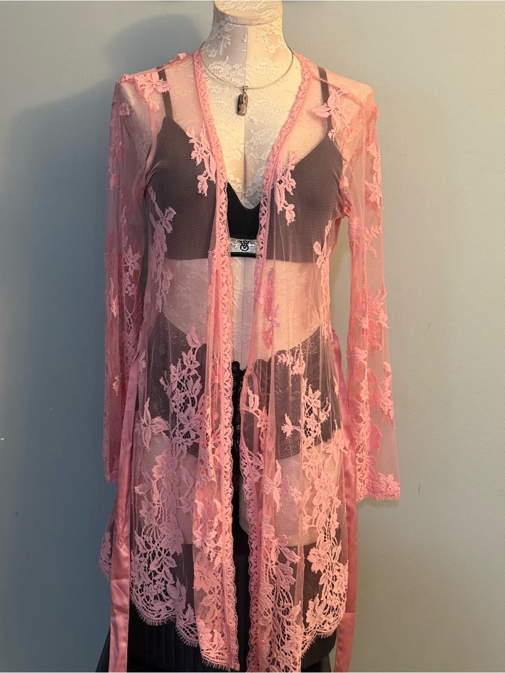 Victoria's Secret Sheer Pink Floral Lace Robe